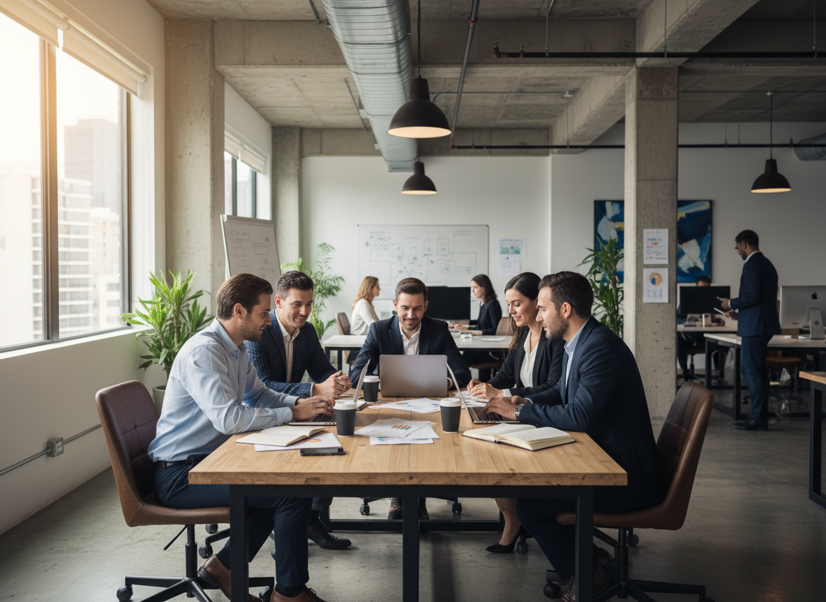 Small business team working together on laptops in an office