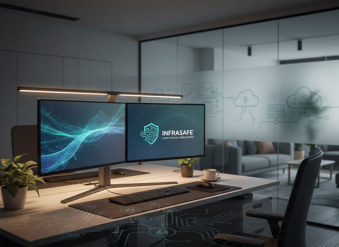 Calm cybersecurity workspace representing how InfraSafe supports clients