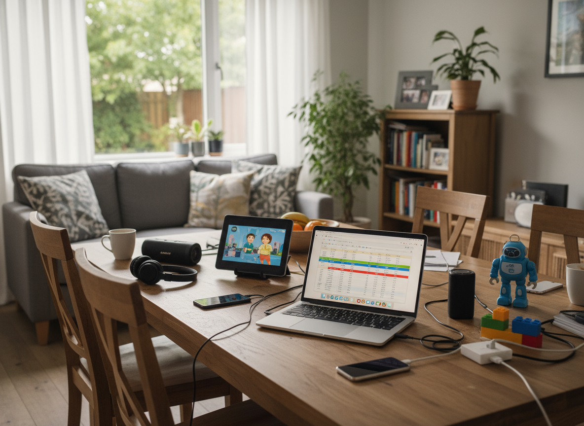 Home setting with laptop and family devices on a table