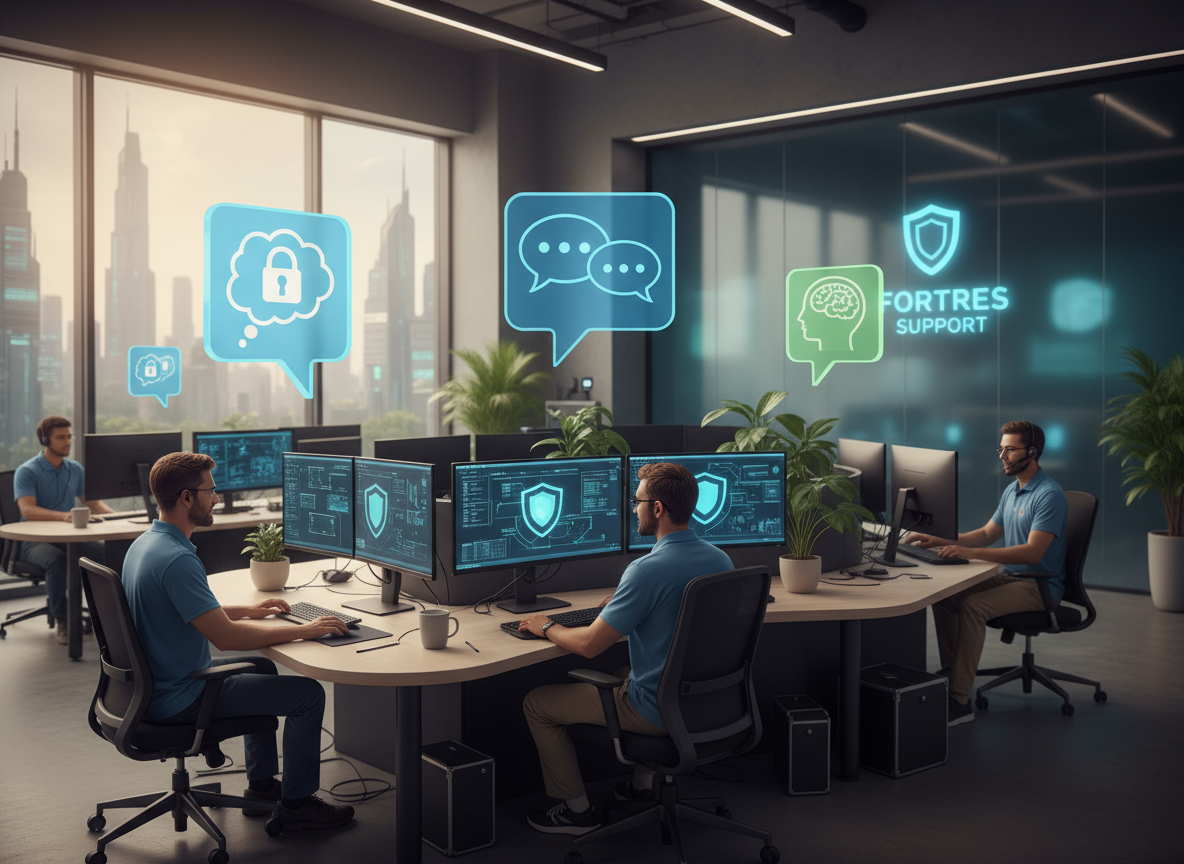Calm cybersecurity help desk with conversation icons and question marks