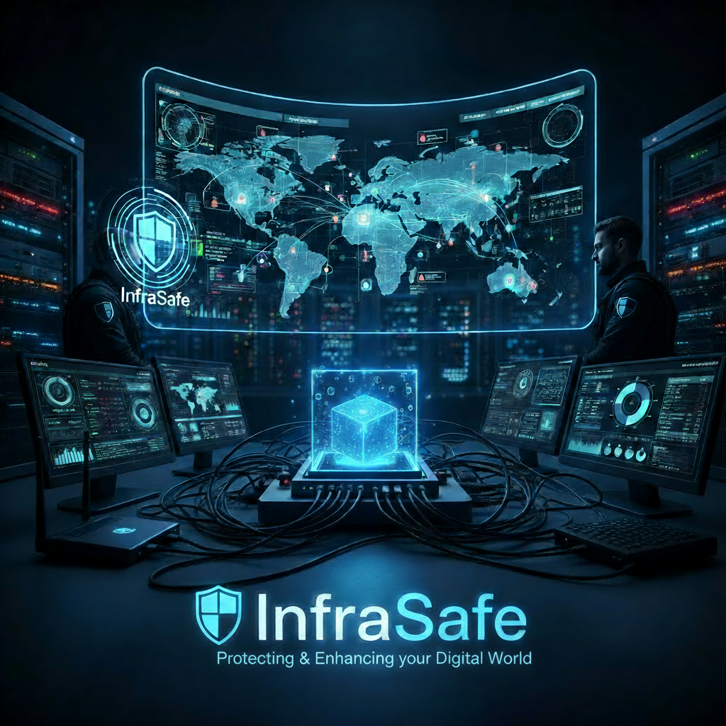 Cybersecurity dashboards and devices representing InfraSafe services