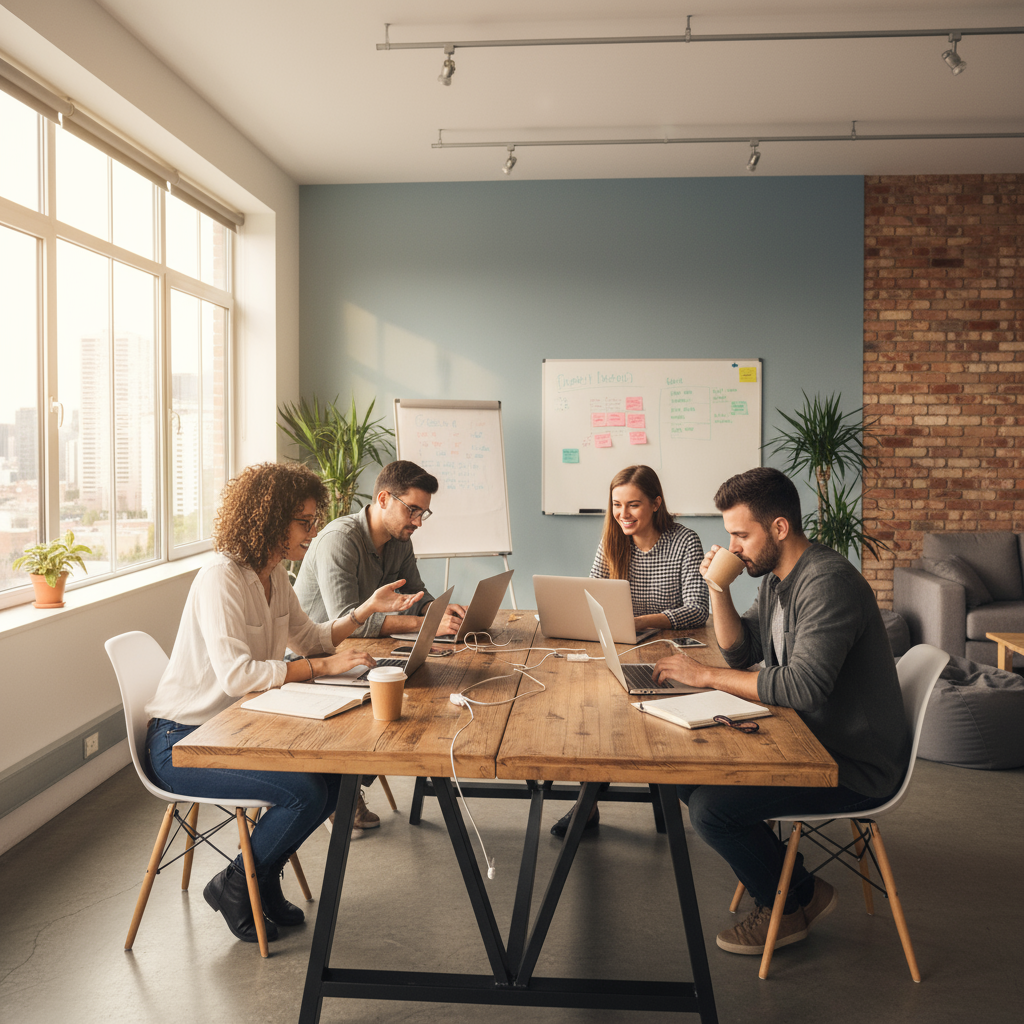 Small business team working on laptops in an office